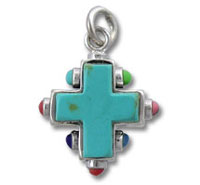 Sterling Silver Cross with Turquoise and Multi-Colored Stones