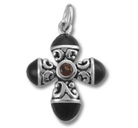 Sterling Silver Cross with Onyx and Garnet