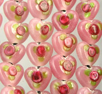 Glass Bead Pink Heart with Burgundy Rose