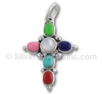 Sterling Silver Cross Charm with Multi-Color Stones