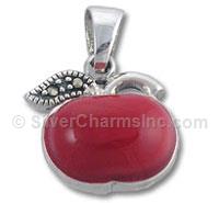 3D Red Stone Apple Charm with Marcasite Leaf