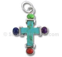 Sterling Silver Cross Charm with Multi-Color Stones