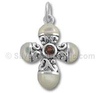 Sterling Silver Cross with Mother of Pearl with Garnet