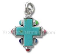 Sterling Silver Cross with Turquoise and Multi-Colored Stones