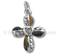 Sterling Silver Cross with Tiger Eye, Onyx, Clar Heart Charm