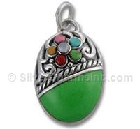 Oval Green Enamel Charm with Multi Color Flower