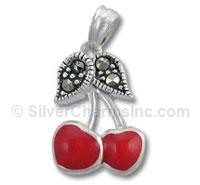 Sterling Silver Cherry with Marcasite Leaves Stone Charm