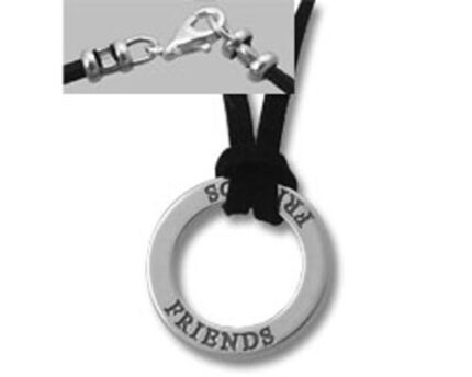 Circular silver pendant engraved 'FRIBNDS' on cord
