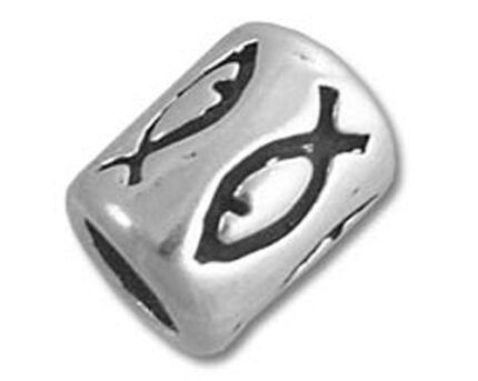 Silver barrel bead with Christian fish symbols