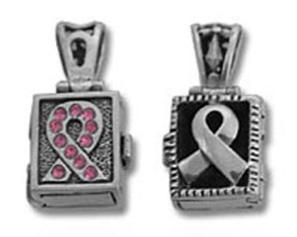 Two awareness ribbon pendant charms, pink and silver