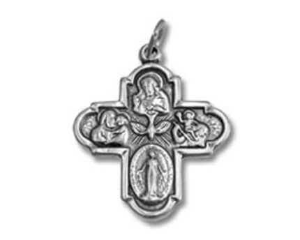 Ornate silver cross pendant with religious imagery