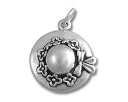 Round silver locket pendant with pearl centerpiece