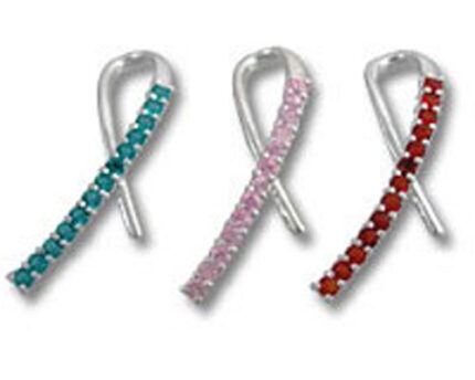 Three gemstone ribbon brooches in teal, pink, red