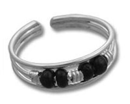 Silver open ring with three black beads
