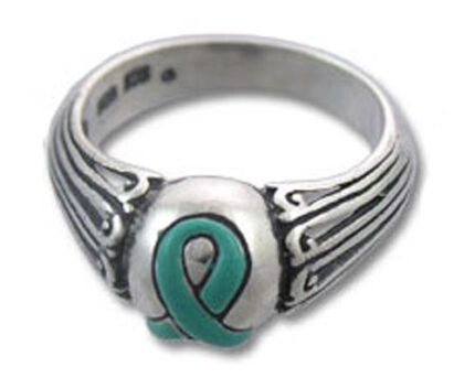 Silver ring with teal awareness ribbon