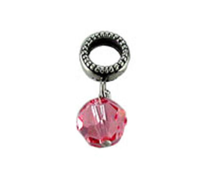 Silver bead charm with pink faceted crystal