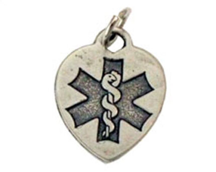 Heart-shaped medical alert pendant with caduceus