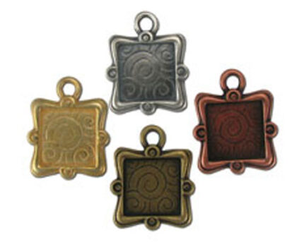 Four decorative square metal pendant charms