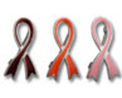 Three awareness ribbons: brown, orange, pink