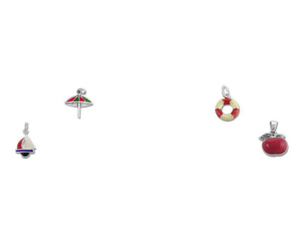 Four small colorful charms on white background