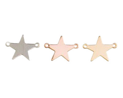 Three metallic star charms: silver, rose, gold
