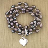 Dark pearl multi-strand bracelet with heart charm