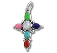 Silver cross pendant with multicolored oval stones