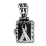 Rectangular silver pendant with awareness ribbon on black
