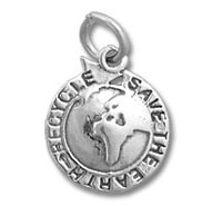 Metal globe charm reading "Save the Earth