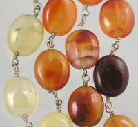 Close-up of amber colored oval bead necklace