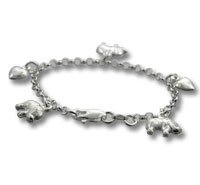 Silver charm bracelet with animal and heart charms