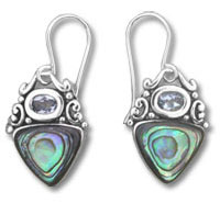 Ornate silver abalone teardrop dangle earrings