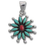 Silver pendant with turquoise petals and red center