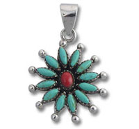 Silver pendant with turquoise petals and red center
