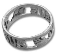 Silver ring with cutout lettering