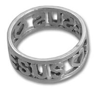 Silver ring with cut-out "JESUS" lettering