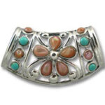 Silver floral pendant with turquoise and coral