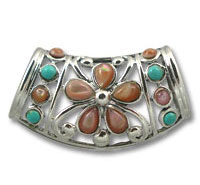 Silver floral pendant with turquoise and coral