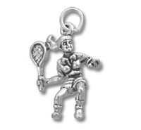 Silver tennis player charm pendant with racket