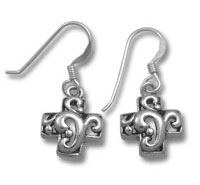 Silver cross dangle earrings with swirls