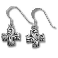 Ornate silver cross dangle earrings
