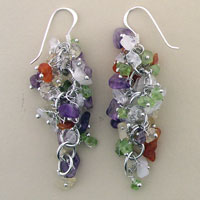 Colorful gemstone cluster dangle earrings with silver hooks