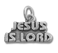 Silver charm pendant reading "Jesus is Lord