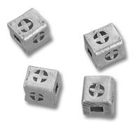 Four silver cube beads with cross cutouts