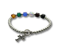 Silver beaded bracelet with multicolored beads and cross