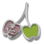Silver cherry pendant with pink and green hearts