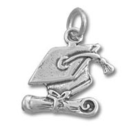 Silver graduation cap and diploma charm