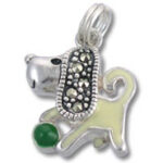 Silver dog charm pendant with green bead
