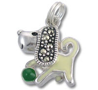 Silver dog charm pendant with green bead