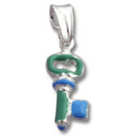 Silver key pendant with green and blue enamel
